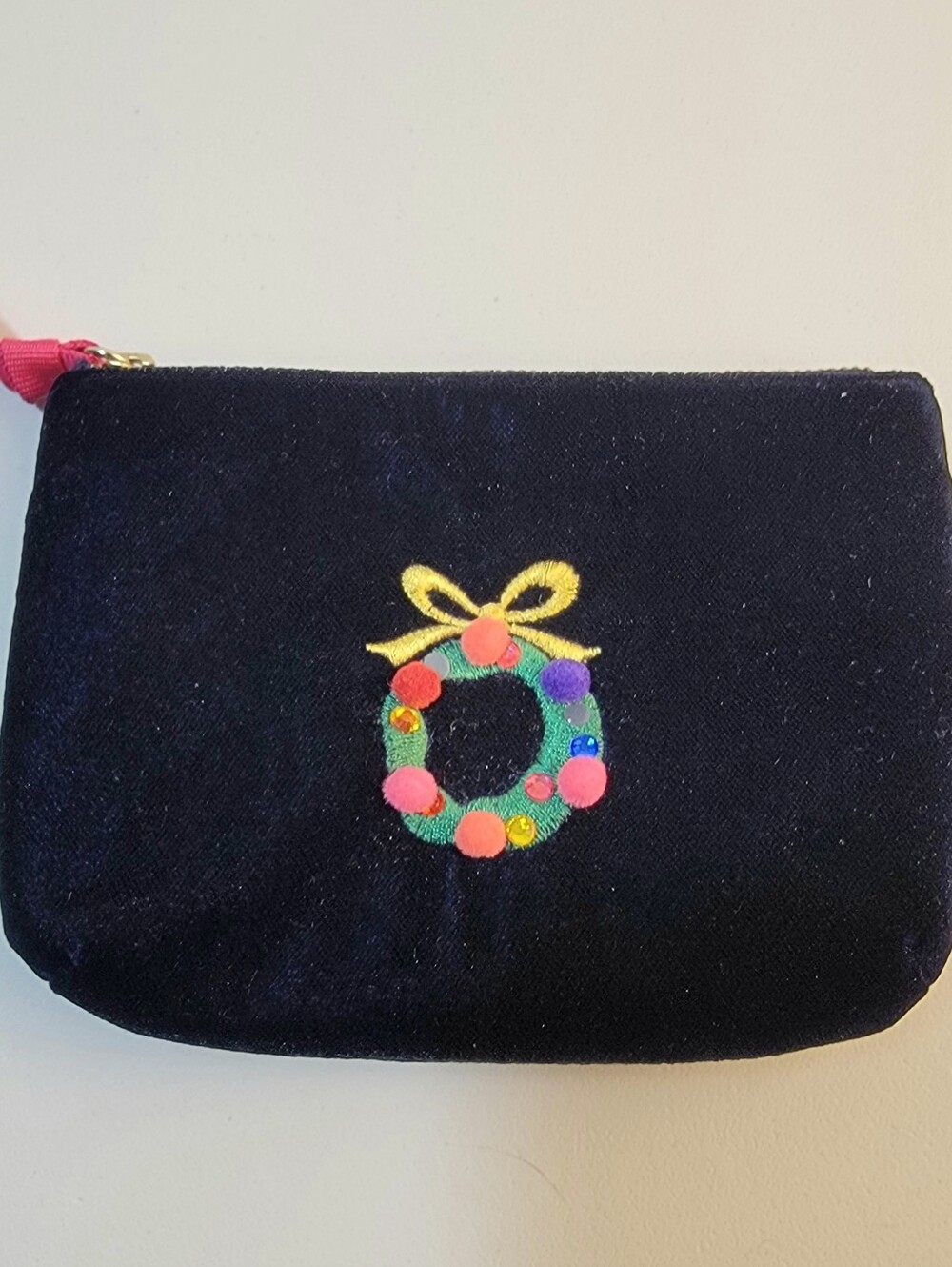 Talbots Velvet Holiday Zipper Pouch, Change Purse, Embroidered Wreath, Dark Blue